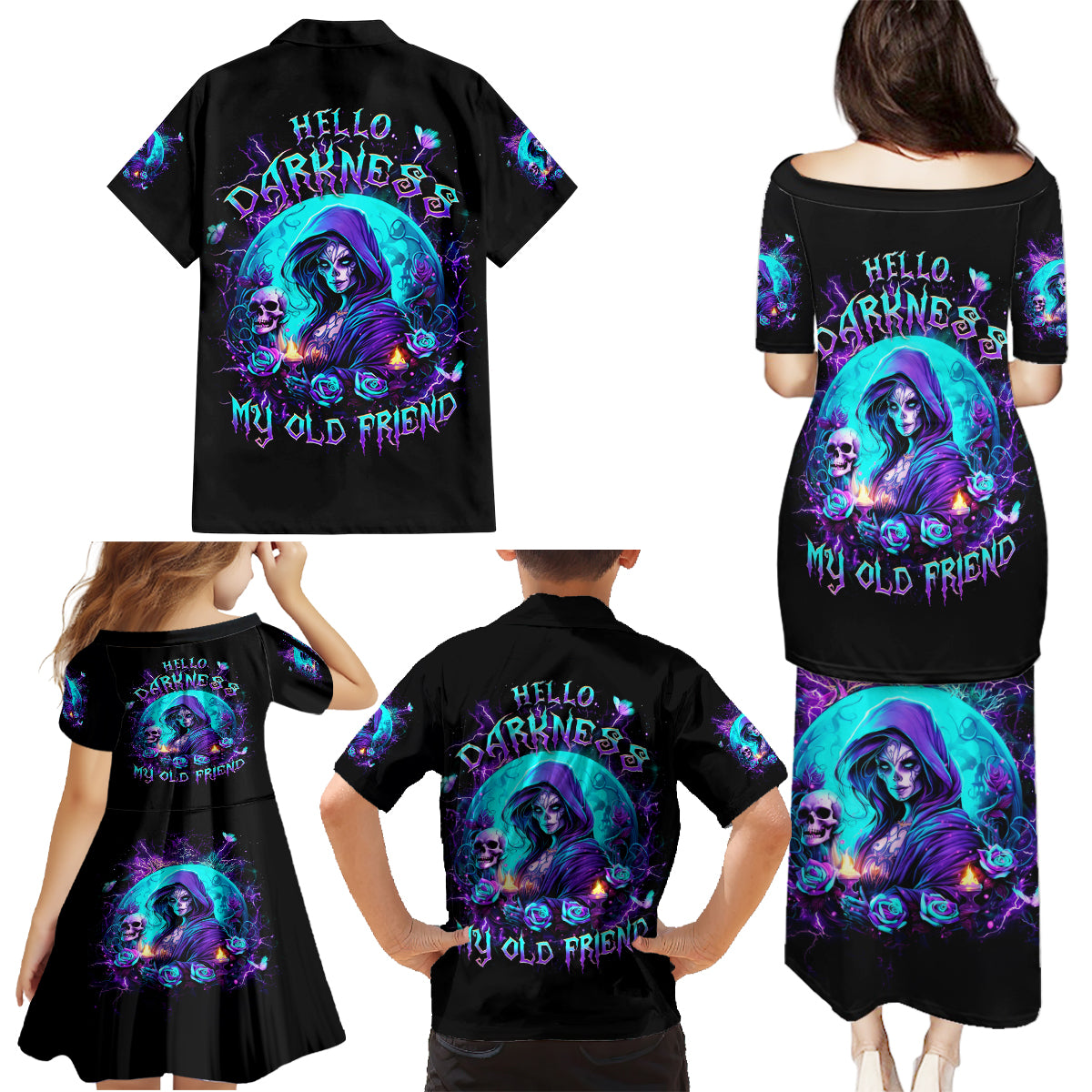 Witch Skull Family Matching Puletasi and Hawaiian Shirt Hello Darkness My Old Friend - Wonder Print Shop