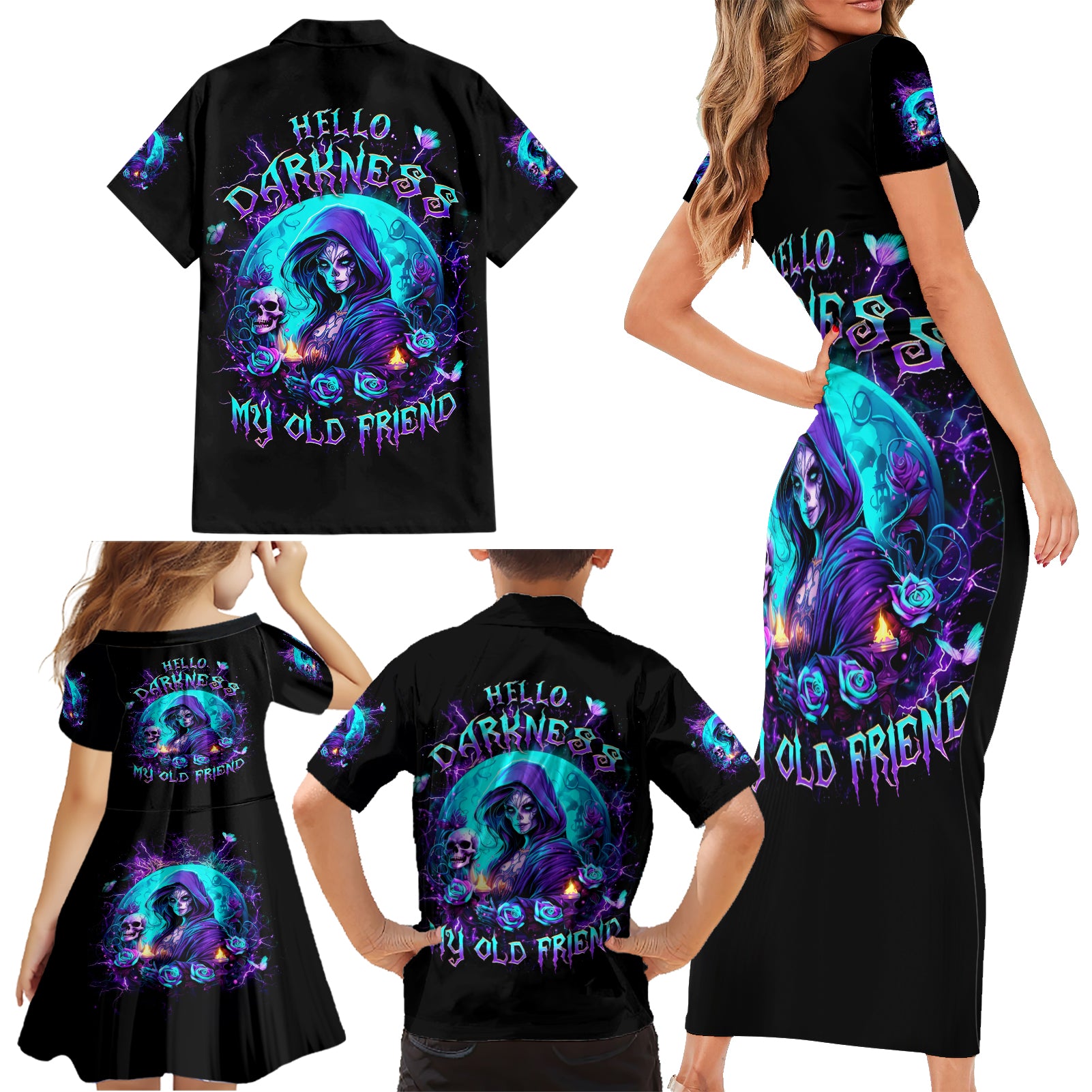 Witch Skull Family Matching Short Sleeve Bodycon Dress and Hawaiian Shirt Hello Darkness My Old Friend - Wonder Print Shop