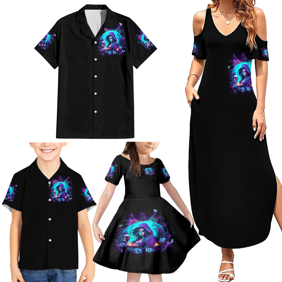 Witch Skull Family Matching Summer Maxi Dress and Hawaiian Shirt Hello Darkness My Old Friend - Wonder Print Shop