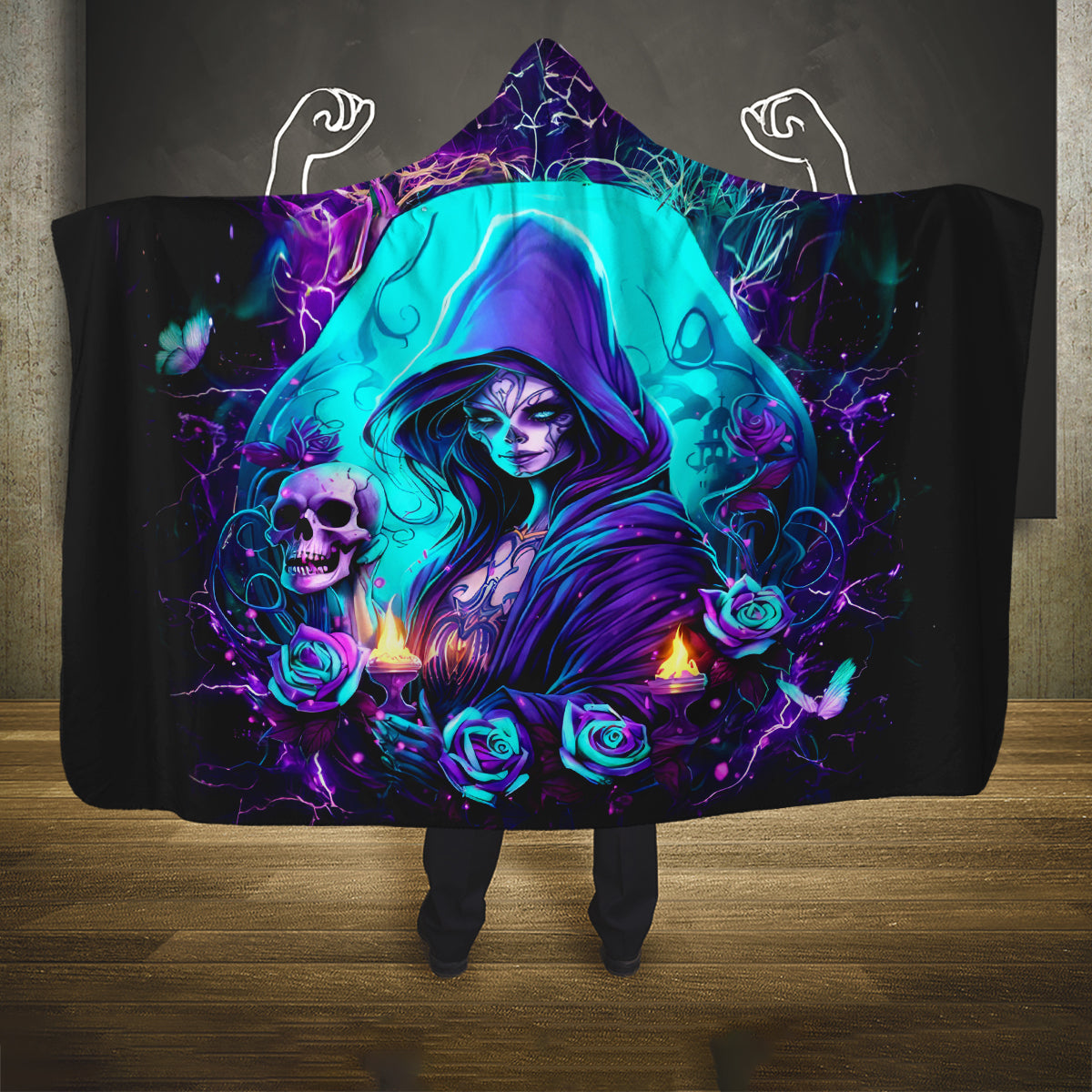 Witch Skull Hooded Blanket Hello Darkness My Old Friend