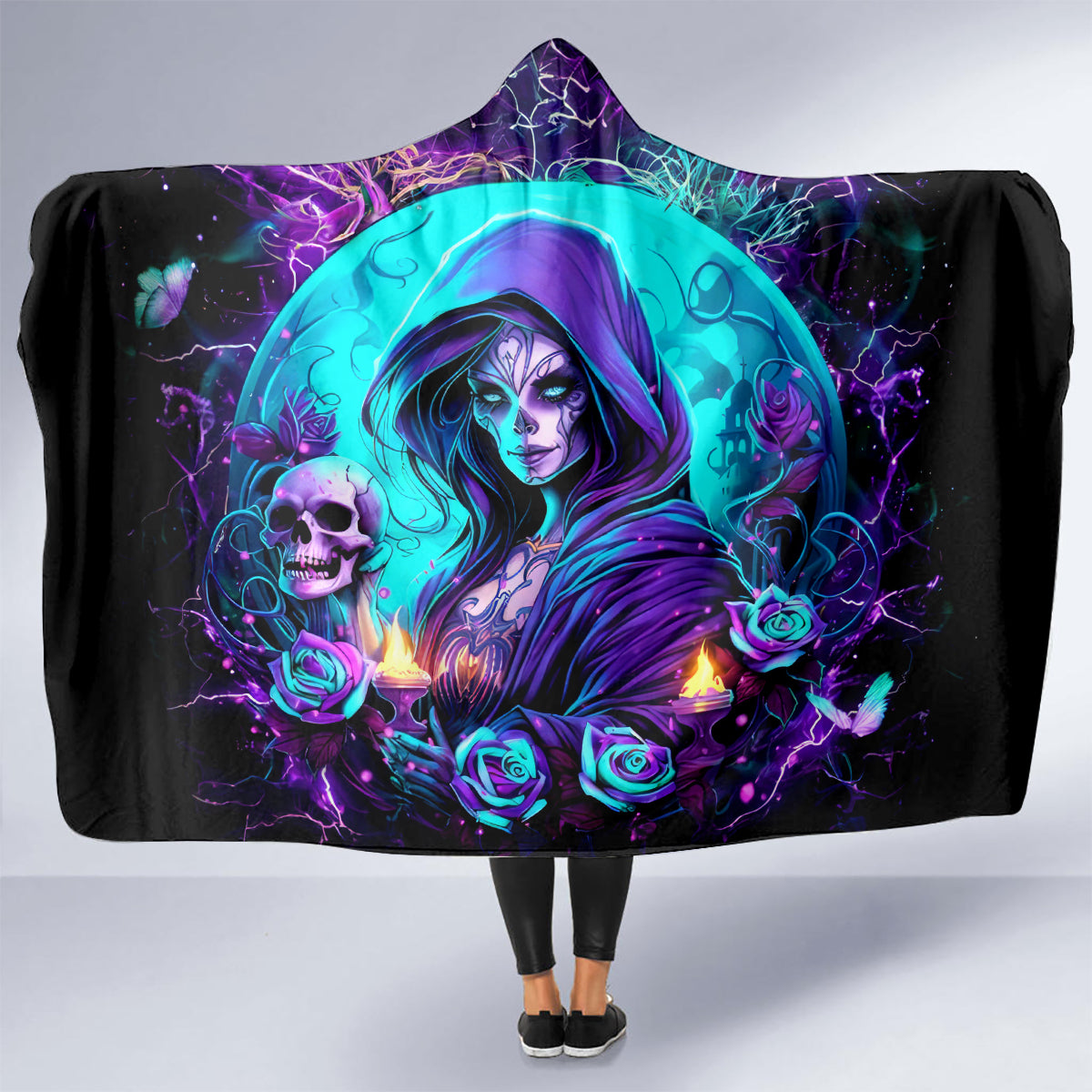 Witch Skull Hooded Blanket Hello Darkness My Old Friend