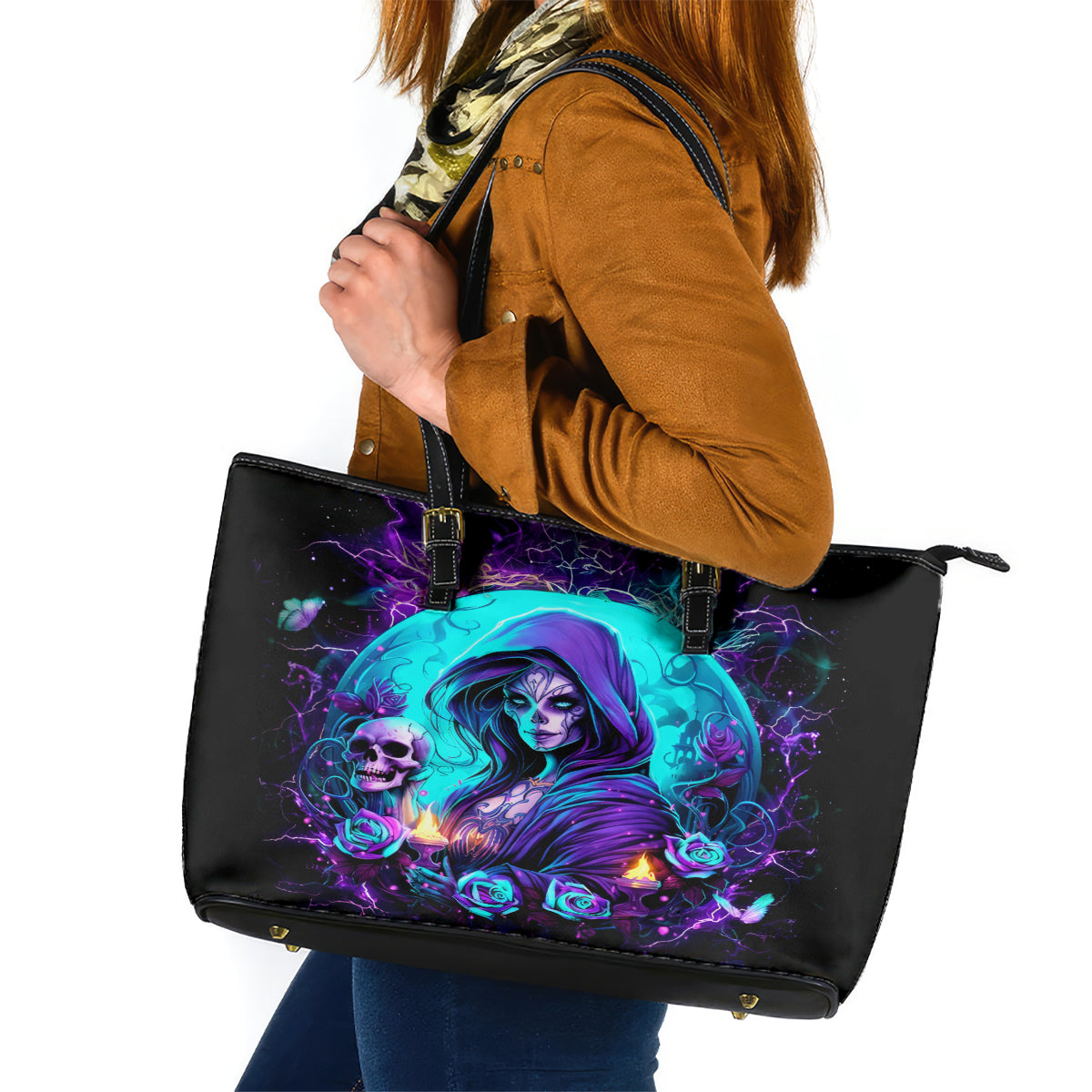 Witch Skull Leather Tote Bag Hello Darkness My Old Friend - Wonder Print Shop