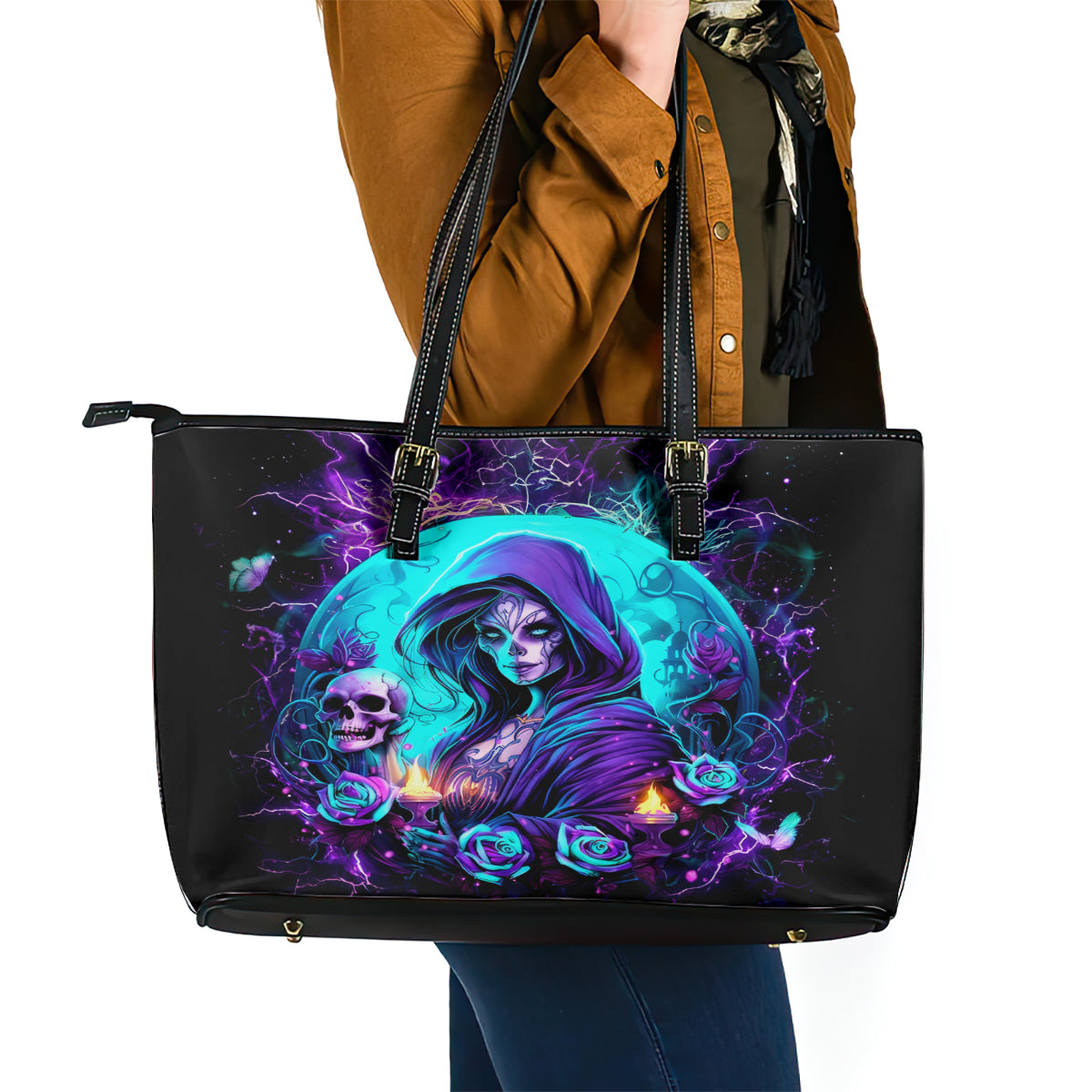 Witch Skull Leather Tote Bag Hello Darkness My Old Friend - Wonder Print Shop