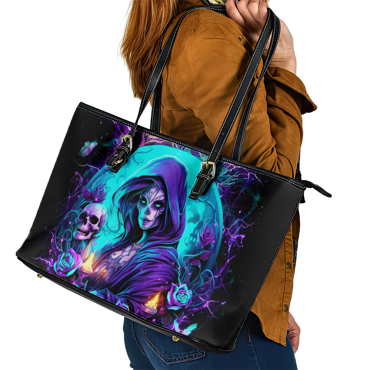 Witch Skull Leather Tote Bag Hello Darkness My Old Friend - Wonder Print Shop