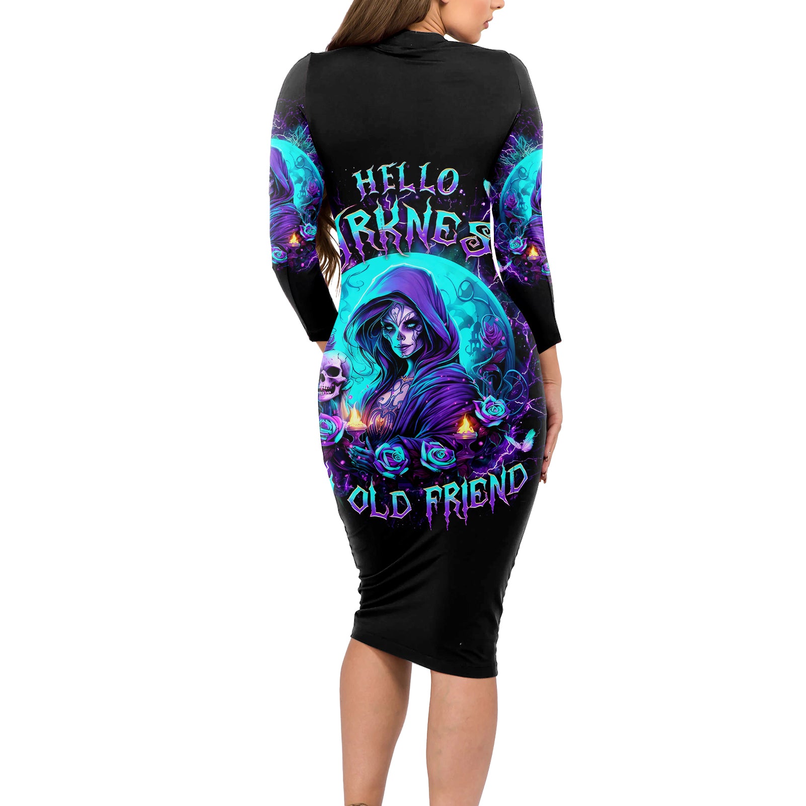 Witch Skull Long Sleeve Bodycon Dress Hello Darkness My Old Friend - Wonder Print Shop