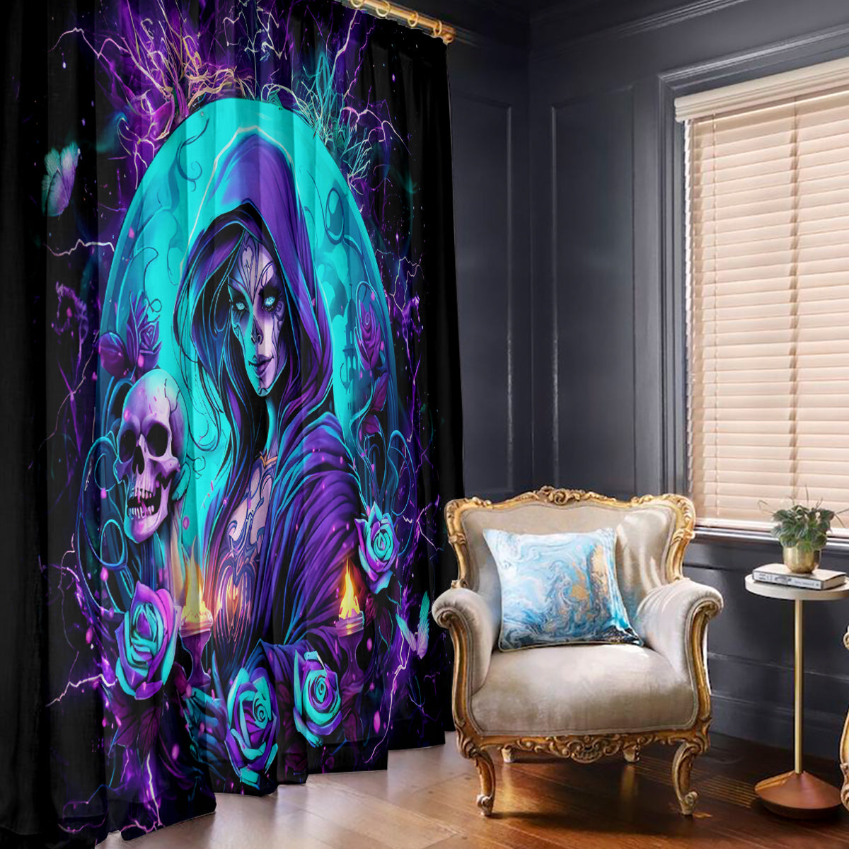 Witch Skull Window Curtain Hello Darkness My Old Friend - Wonder Print Shop