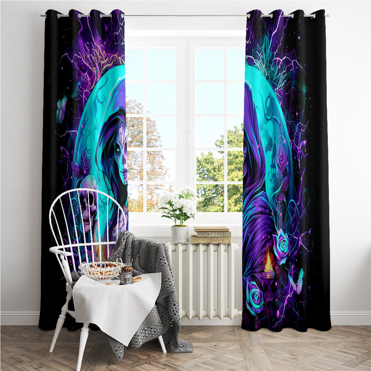Witch Skull Window Curtain Hello Darkness My Old Friend - Wonder Print Shop
