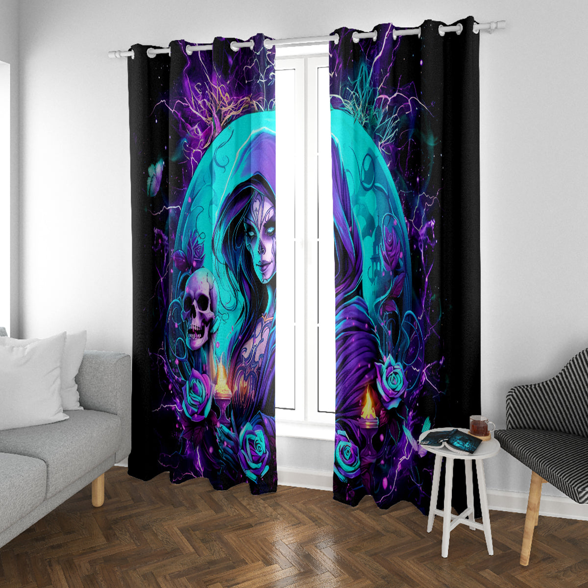 Witch Skull Window Curtain Hello Darkness My Old Friend - Wonder Print Shop