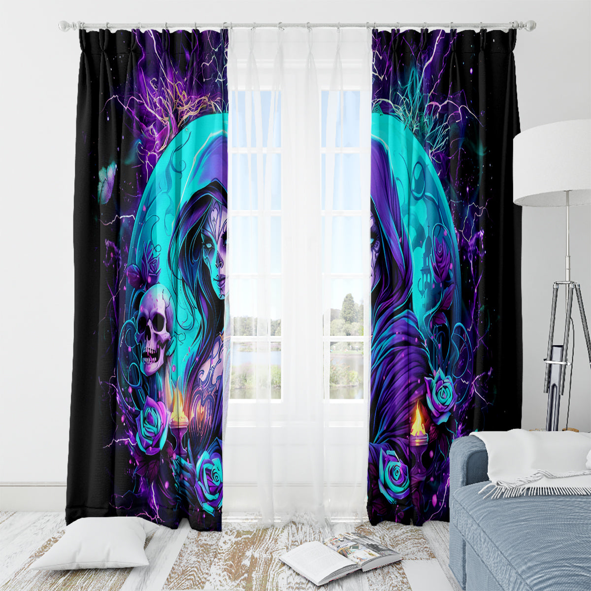 Witch Skull Window Curtain Hello Darkness My Old Friend - Wonder Print Shop