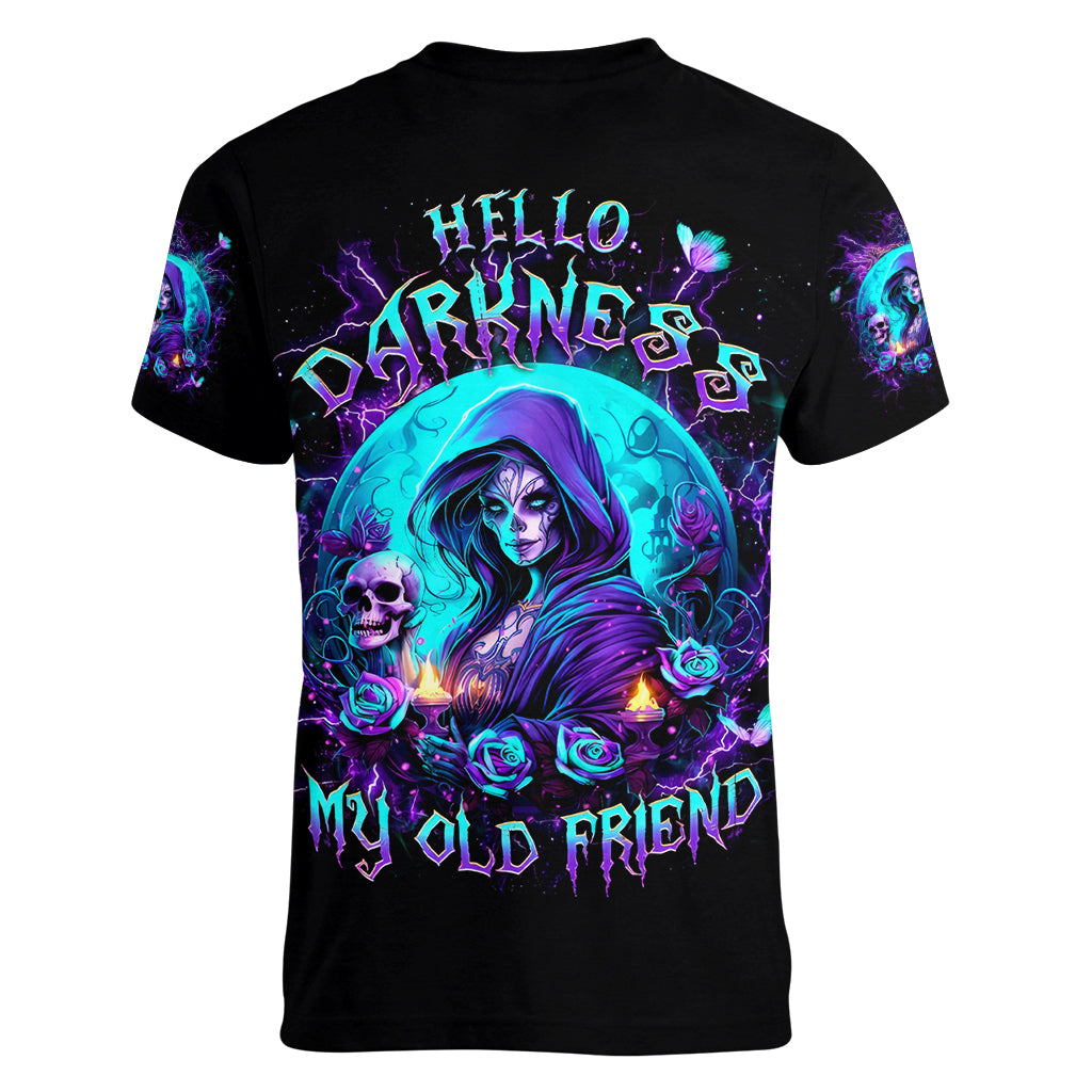 Witch Skull Women V Neck T Shirt Hello Darkness My Old Friend - Wonder Print Shop