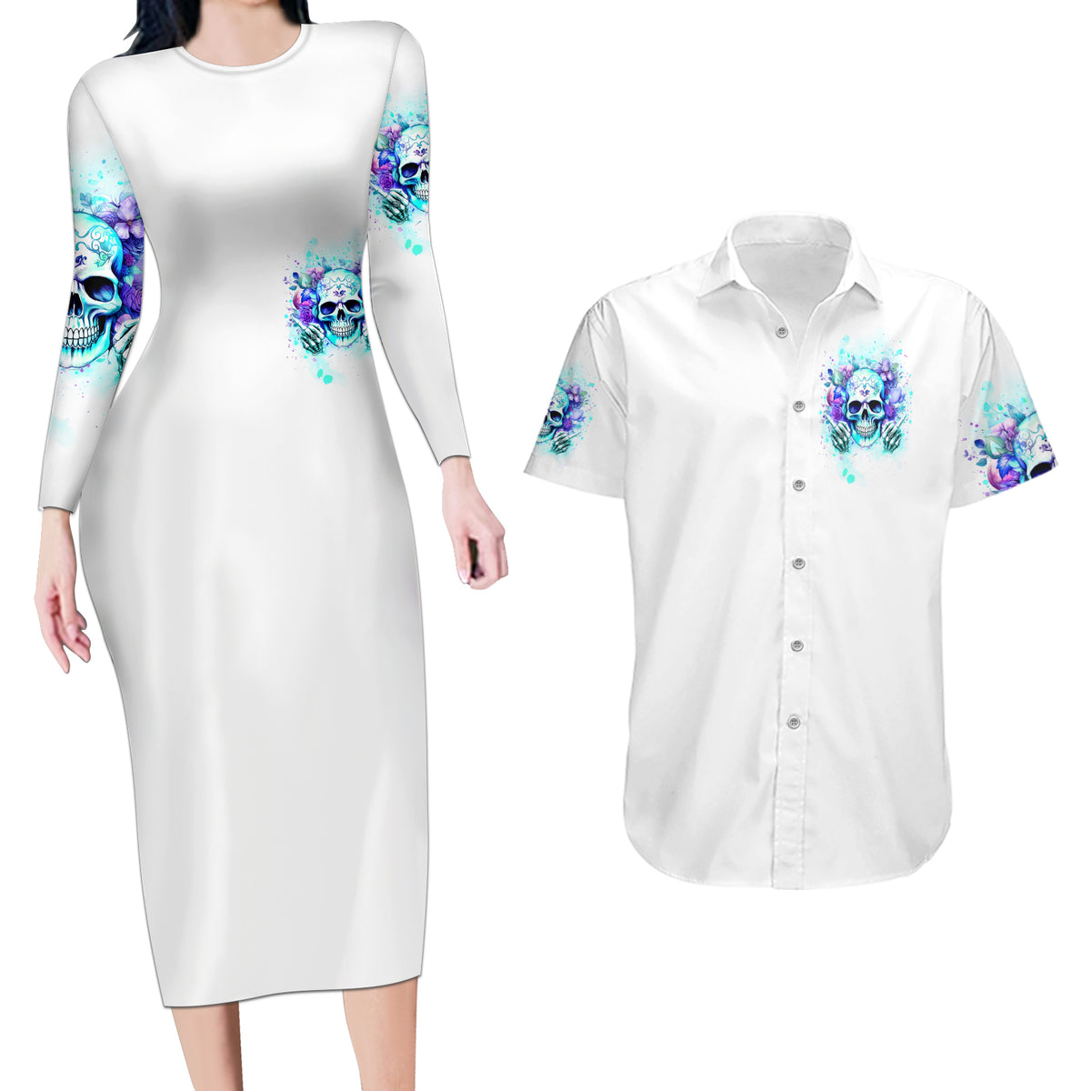 Rose SKull Couples Matching Long Sleeve Bodycon Dress and Hawaiian Shirt My Give A Fuck Is Broken But My Go Fuck Yourself Is Fully Functional - Wonder Print Shop