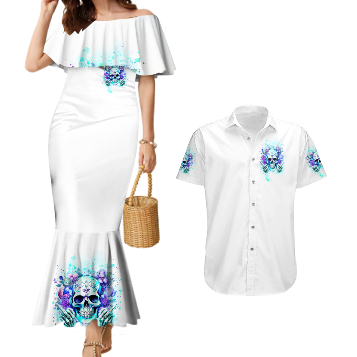 Rose SKull Couples Matching Mermaid Dress and Hawaiian Shirt My Give A Fuck Is Broken But My Go Fuck Yourself Is Fully Functional - Wonder Print Shop