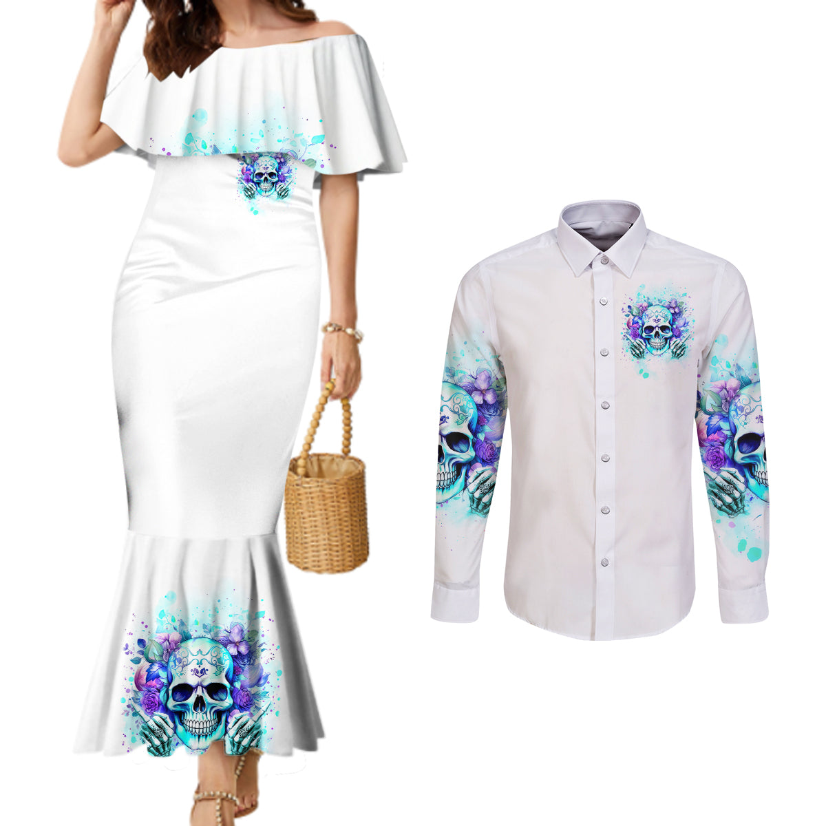 Rose SKull Couples Matching Mermaid Dress and Long Sleeve Button Shirt My Give A Fuck Is Broken But My Go Fuck Yourself Is Fully Functional