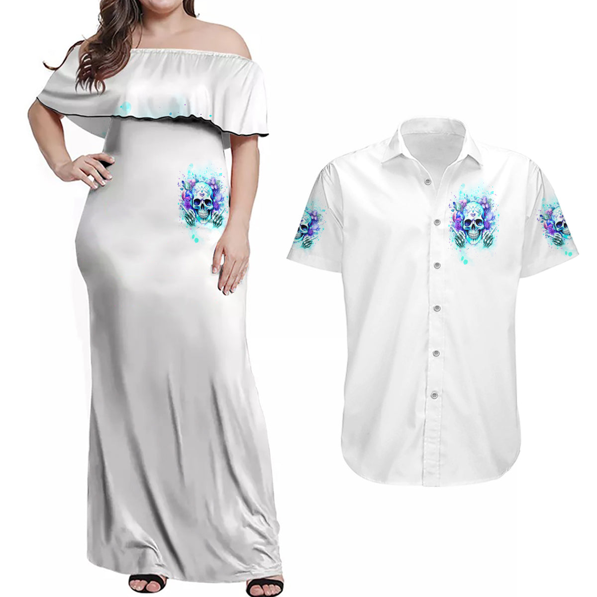 Rose SKull Couples Matching Off Shoulder Maxi Dress and Hawaiian Shirt My Give A Fuck Is Broken But My Go Fuck Yourself Is Fully Functional - Wonder Print Shop
