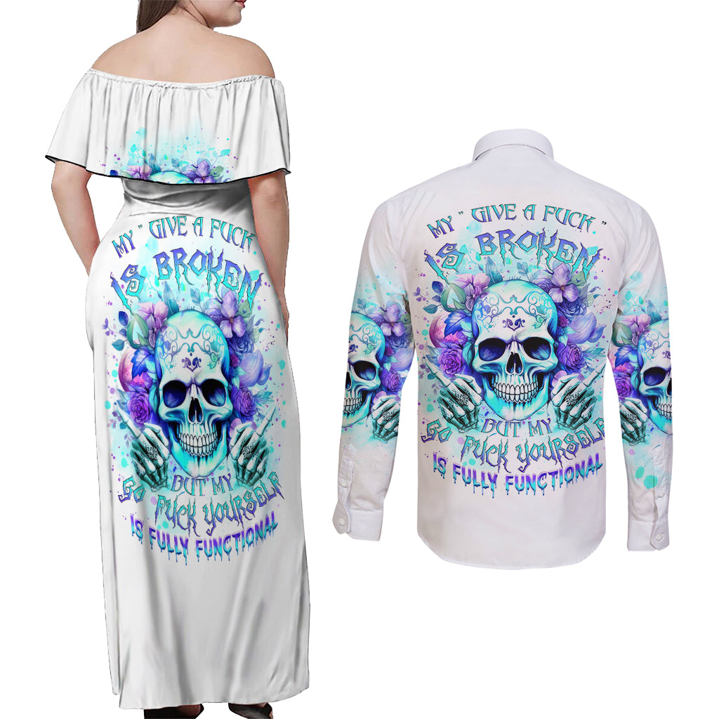 Rose SKull Couples Matching Off Shoulder Maxi Dress and Long Sleeve Button Shirt My Give A Fuck Is Broken But My Go Fuck Yourself Is Fully Functional - Wonder Print Shop