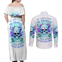 Rose SKull Couples Matching Off Shoulder Maxi Dress and Long Sleeve Button Shirt My Give A Fuck Is Broken But My Go Fuck Yourself Is Fully Functional - Wonder Print Shop