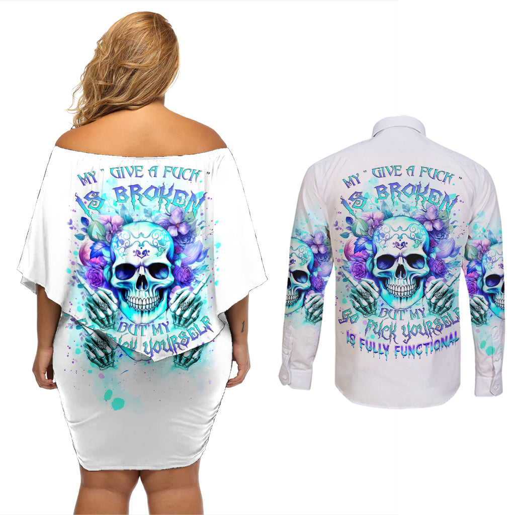 Rose SKull Couples Matching Off Shoulder Short Dress and Long Sleeve Button Shirt My Give A Fuck Is Broken But My Go Fuck Yourself Is Fully Functional - Wonder Print Shop
