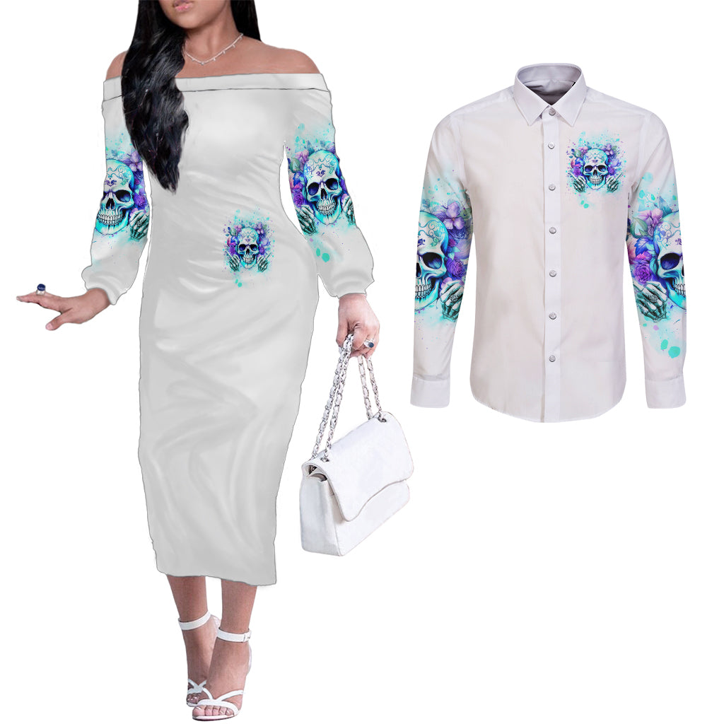 Rose SKull Couples Matching Off The Shoulder Long Sleeve Dress and Long Sleeve Button Shirt My Give A Fuck Is Broken But My Go Fuck Yourself Is Fully Functional