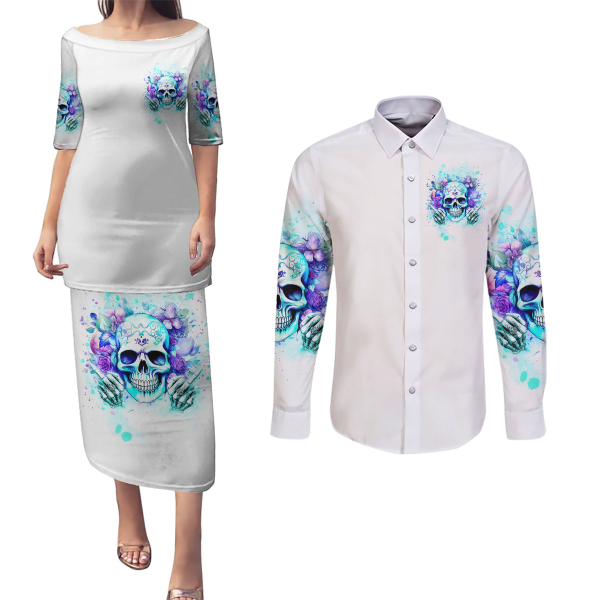 Rose SKull Couples Matching Puletasi and Long Sleeve Button Shirt My Give A Fuck Is Broken But My Go Fuck Yourself Is Fully Functional - Wonder Print Shop