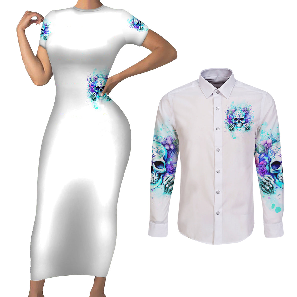 Rose SKull Couples Matching Short Sleeve Bodycon Dress and Long Sleeve Button Shirt My Give A Fuck Is Broken But My Go Fuck Yourself Is Fully Functional - Wonder Print Shop