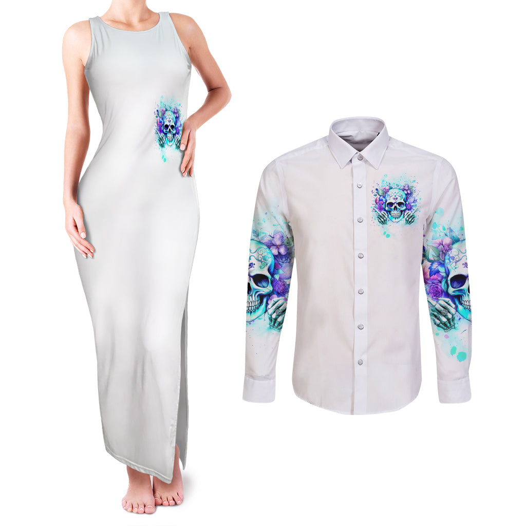 Rose SKull Couples Matching Tank Maxi Dress and Long Sleeve Button Shirt My Give A Fuck Is Broken But My Go Fuck Yourself Is Fully Functional - Wonder Print Shop