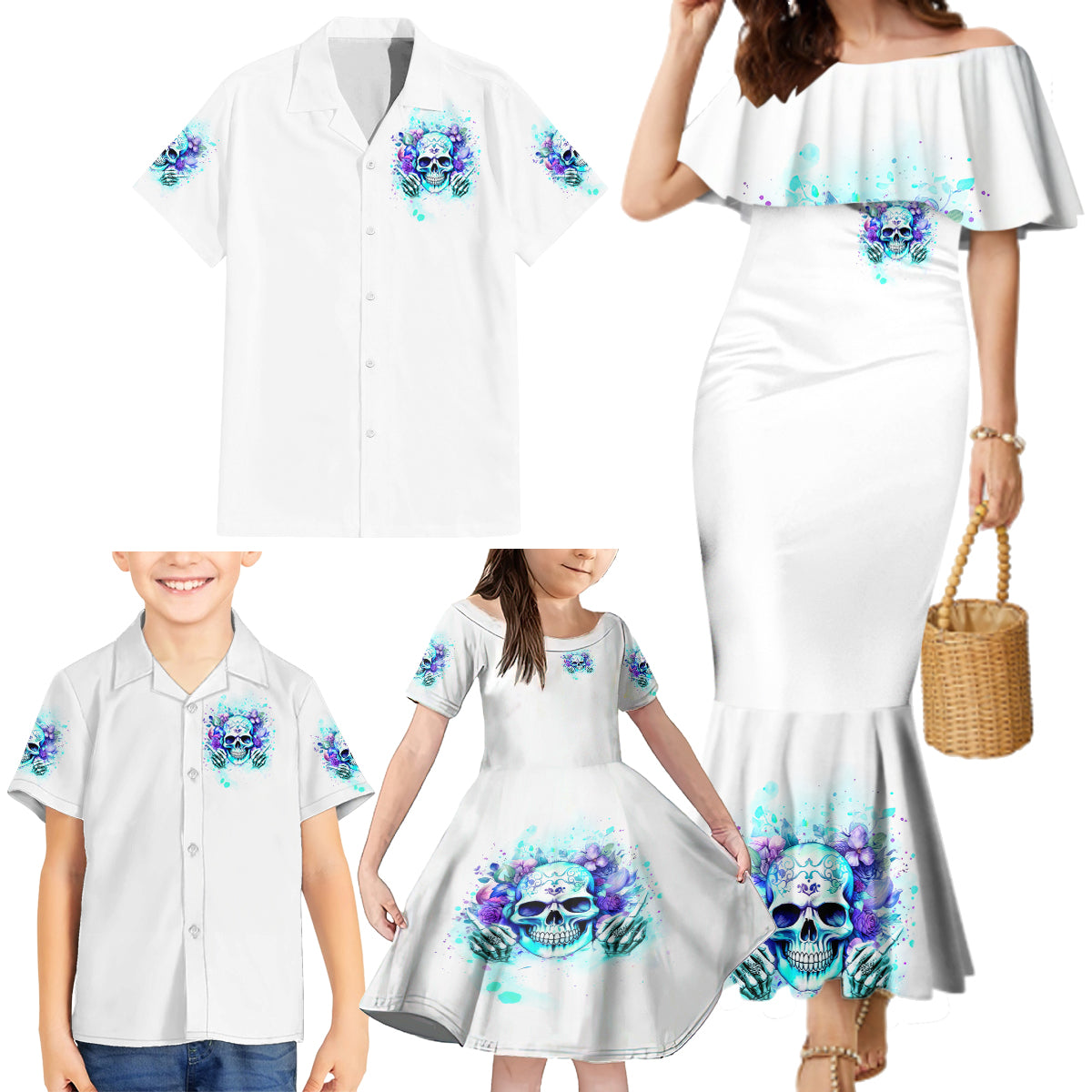 Rose SKull Family Matching Mermaid Dress and Hawaiian Shirt My Give A Fuck Is Broken But My Go Fuck Yourself Is Fully Functional - Wonder Print Shop