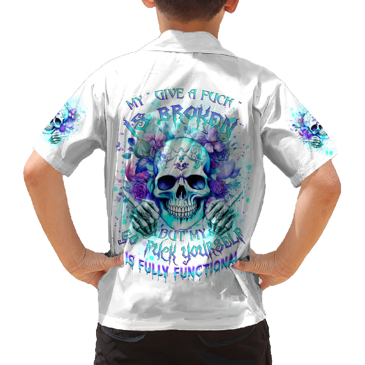 Rose SKull Family Matching Off Shoulder Long Sleeve Dress and Hawaiian Shirt My Give A Fuck Is Broken But My Go Fuck Yourself Is Fully Functional - Wonder Print Shop