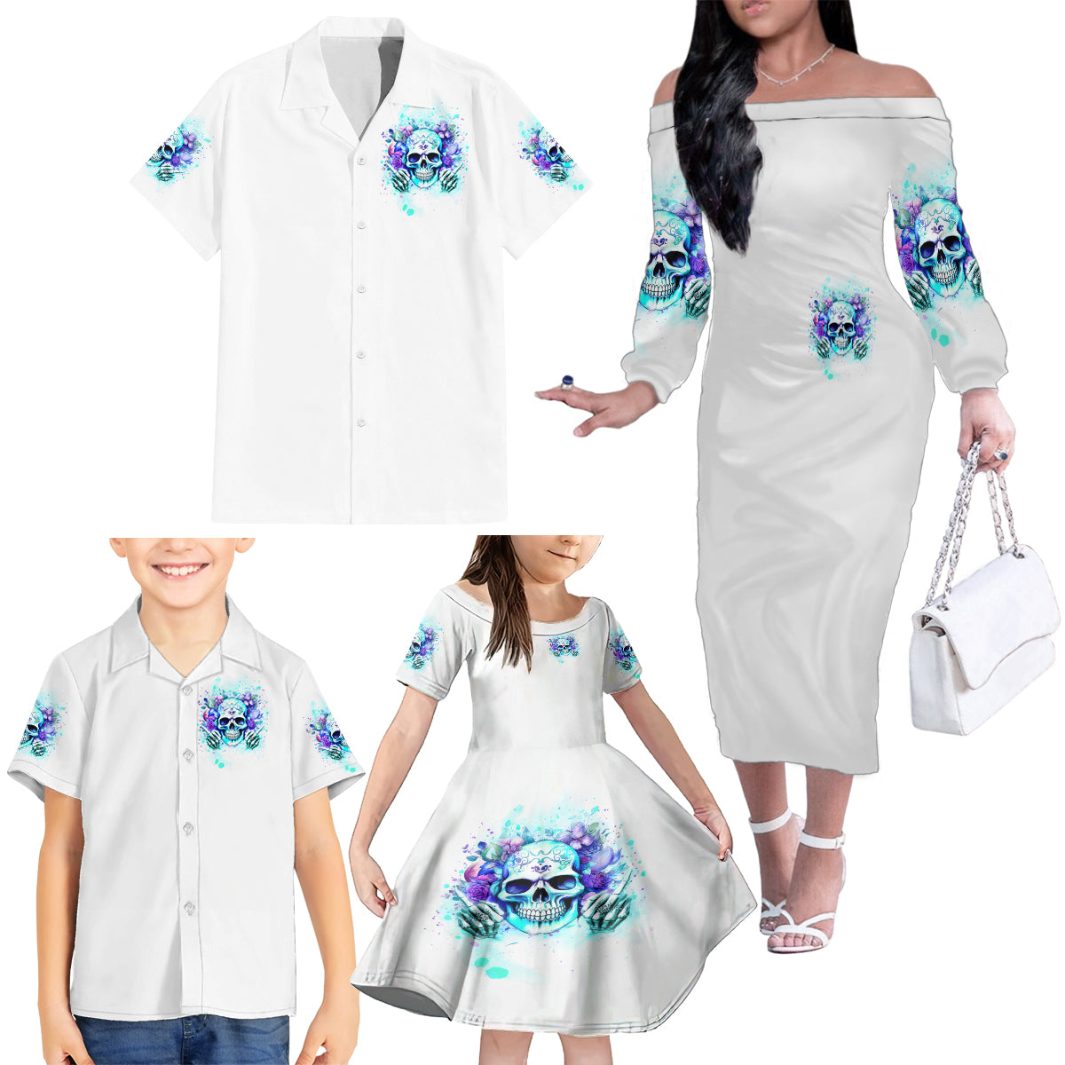 Rose SKull Family Matching Off Shoulder Long Sleeve Dress and Hawaiian Shirt My Give A Fuck Is Broken But My Go Fuck Yourself Is Fully Functional - Wonder Print Shop