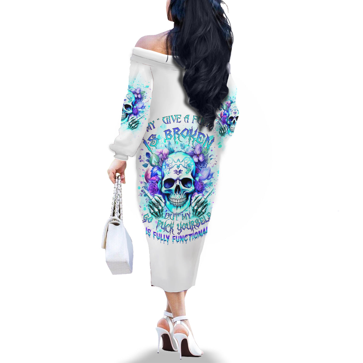 Rose SKull Family Matching Off Shoulder Long Sleeve Dress and Hawaiian Shirt My Give A Fuck Is Broken But My Go Fuck Yourself Is Fully Functional - Wonder Print Shop