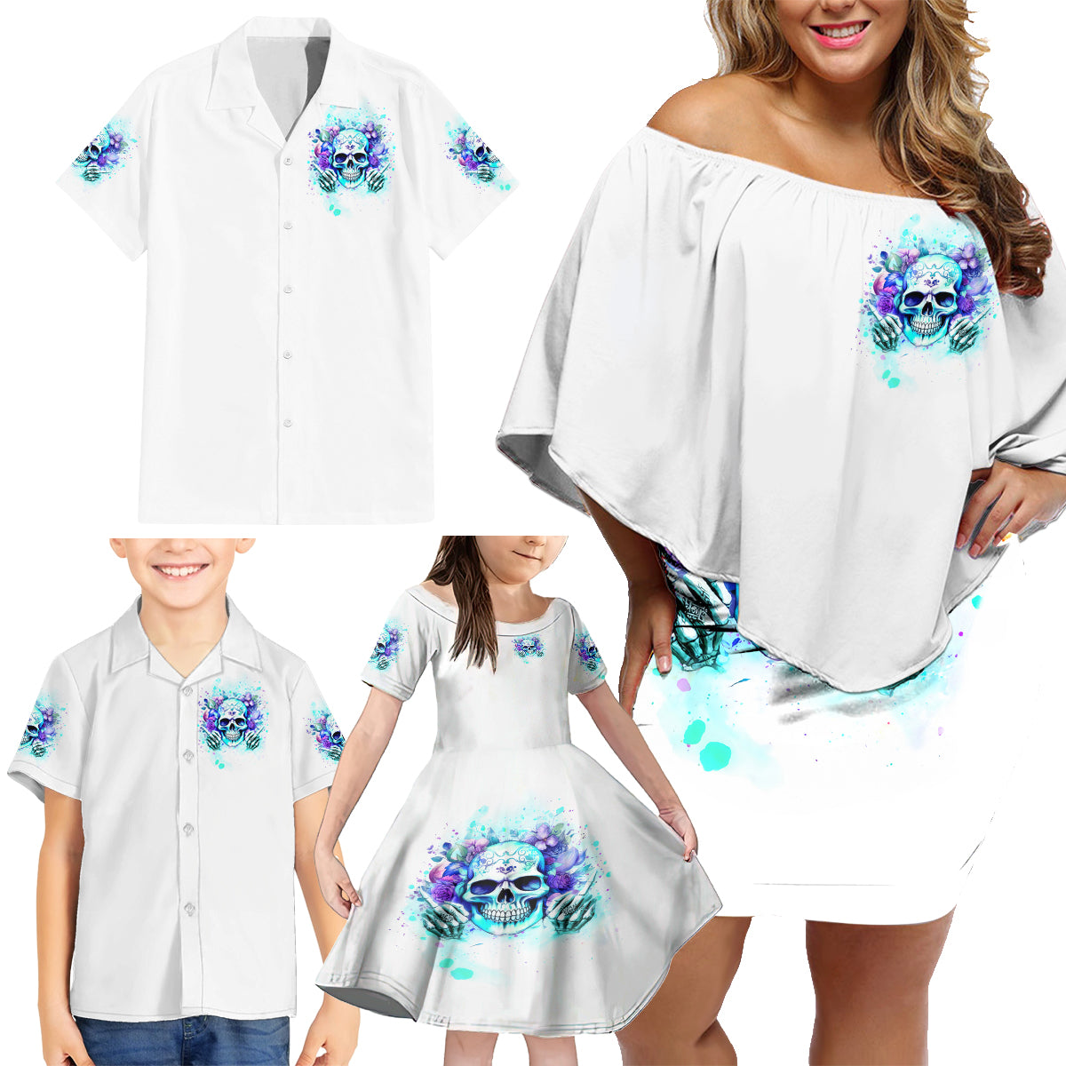 Rose SKull Family Matching Off Shoulder Short Dress and Hawaiian Shirt My Give A Fuck Is Broken But My Go Fuck Yourself Is Fully Functional - Wonder Print Shop