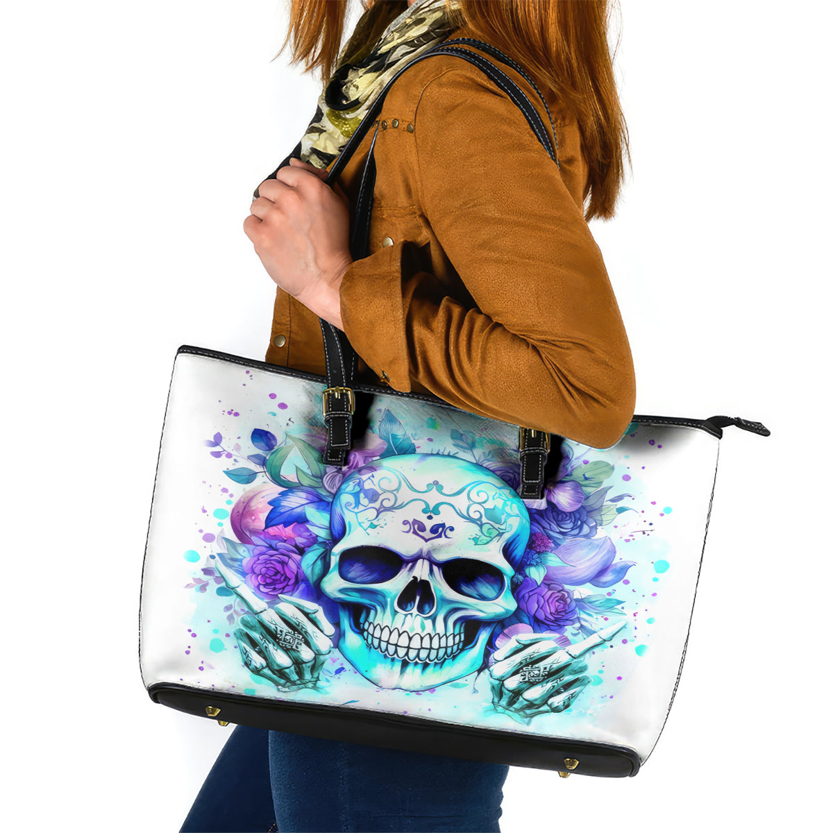 Rose SKull Leather Tote Bag My Give A Fuck Is Broken But My Go Fuck Yourself Is Fully Functional - Wonder Print Shop
