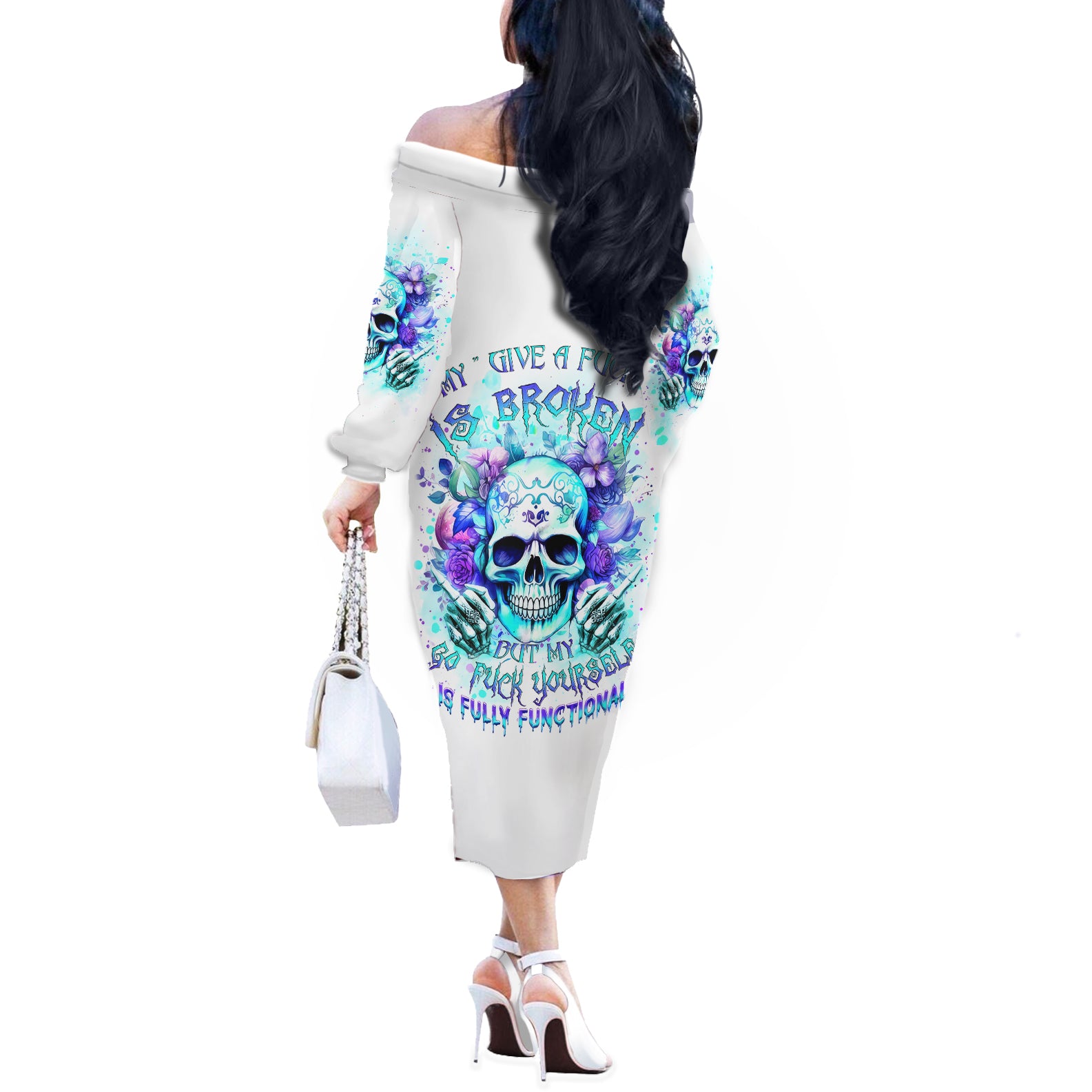 Rose SKull Off The Shoulder Long Sleeve Dress My Give A Fuck Is Broken But My Go Fuck Yourself Is Fully Functional - Wonder Print Shop