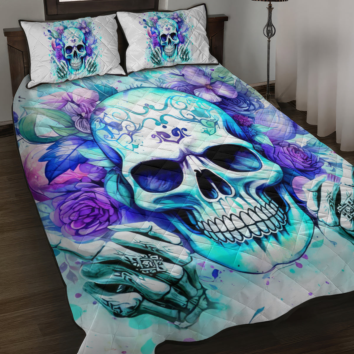 Rose SKull Quilt Bed Set My Give A Fuck Is Broken But My Go Fuck Yourself Is Fully Functional - Wonder Print Shop