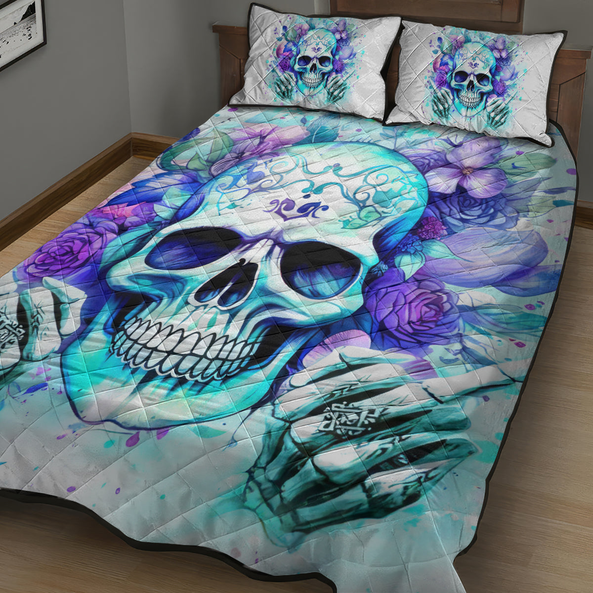 Rose SKull Quilt Bed Set My Give A Fuck Is Broken But My Go Fuck Yourself Is Fully Functional - Wonder Print Shop