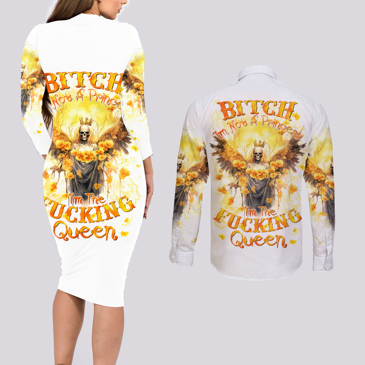 Flower Skull Angel Couples Matching Long Sleeve Bodycon Dress and Long Sleeve Button Shirt Bitch I'm The Fucking Queen - Wonder Print Shop
