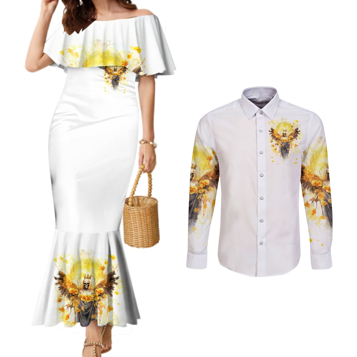 Flower Skull Angel Couples Matching Mermaid Dress and Long Sleeve Button Shirt Bitch I'm The Fucking Queen