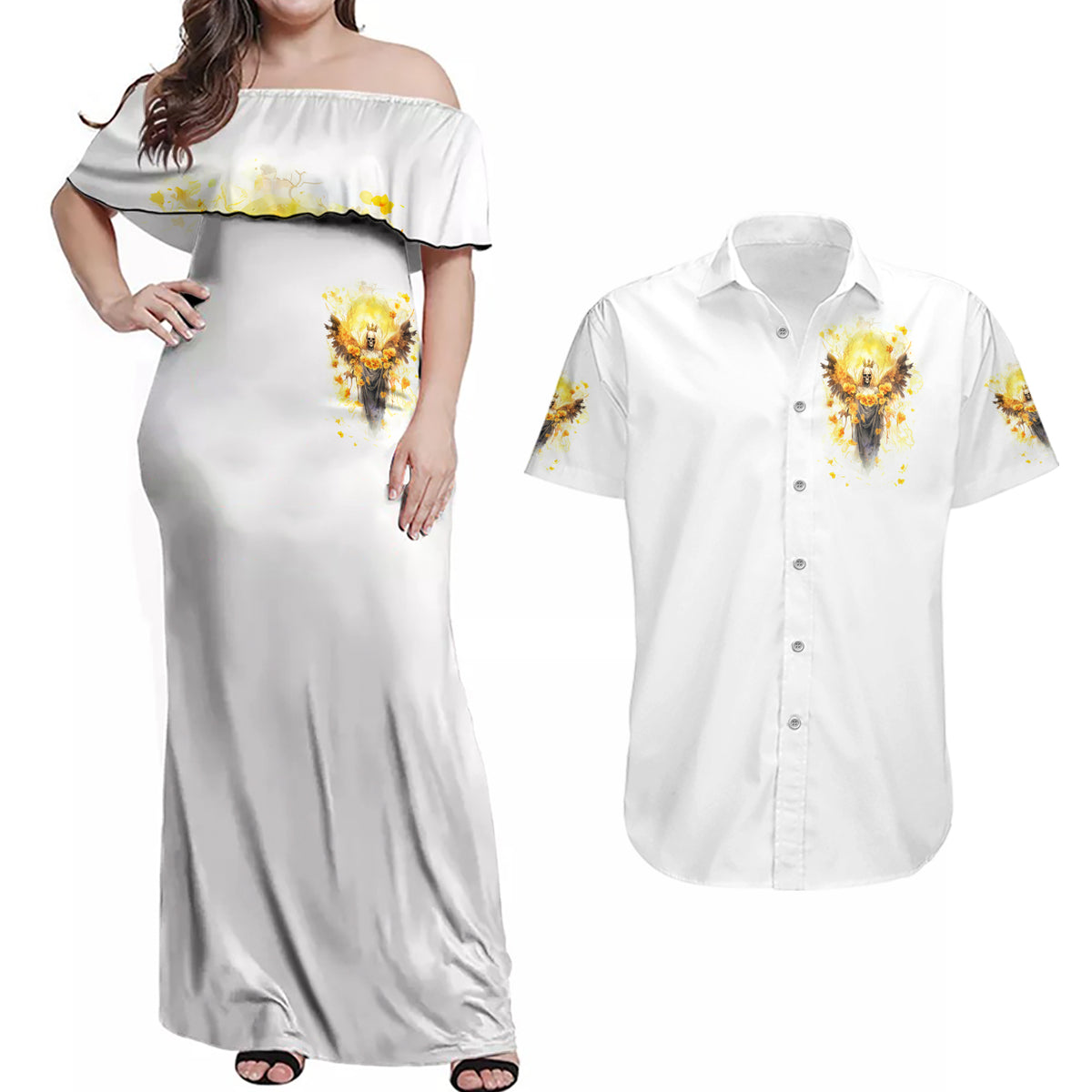 Flower Skull Angel Couples Matching Off Shoulder Maxi Dress and Hawaiian Shirt Bitch I'm The Fucking Queen - Wonder Print Shop