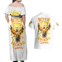 Flower Skull Angel Couples Matching Off Shoulder Maxi Dress and Hawaiian Shirt Bitch I'm The Fucking Queen - Wonder Print Shop