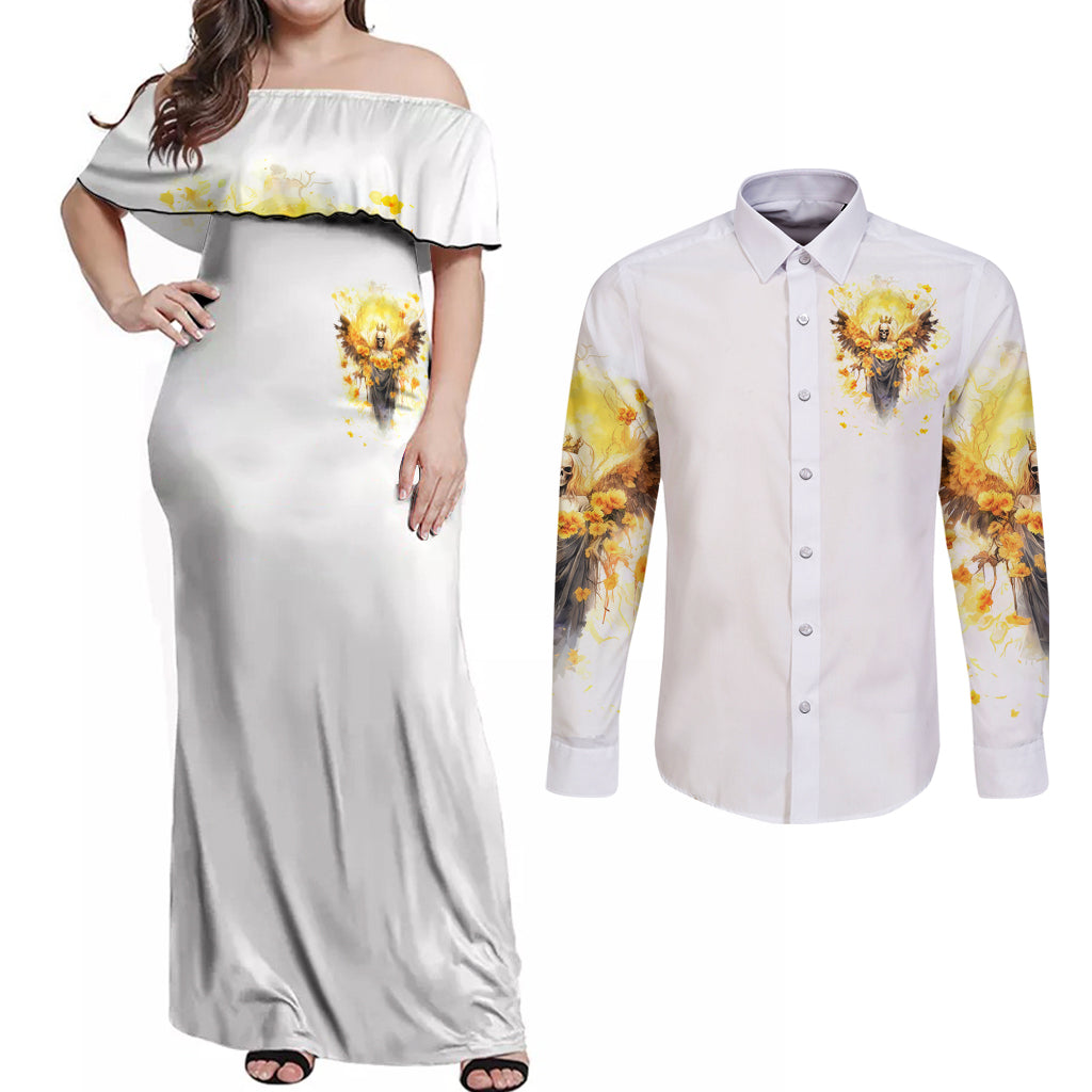 Flower Skull Angel Couples Matching Off Shoulder Maxi Dress and Long Sleeve Button Shirt Bitch I'm The Fucking Queen - Wonder Print Shop