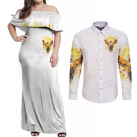 Flower Skull Angel Couples Matching Off Shoulder Maxi Dress and Long Sleeve Button Shirt Bitch I'm The Fucking Queen - Wonder Print Shop
