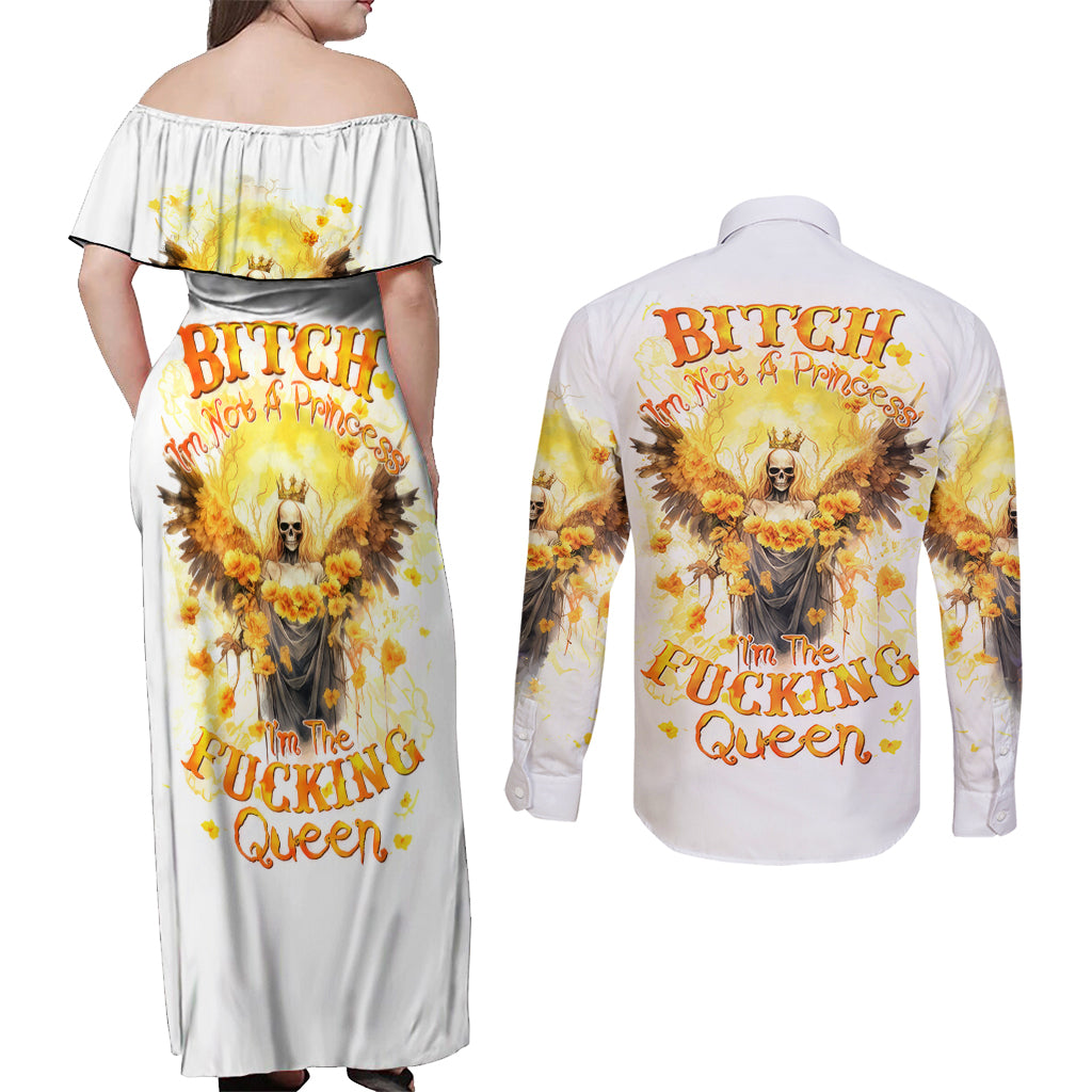 Flower Skull Angel Couples Matching Off Shoulder Maxi Dress and Long Sleeve Button Shirt Bitch I'm The Fucking Queen - Wonder Print Shop