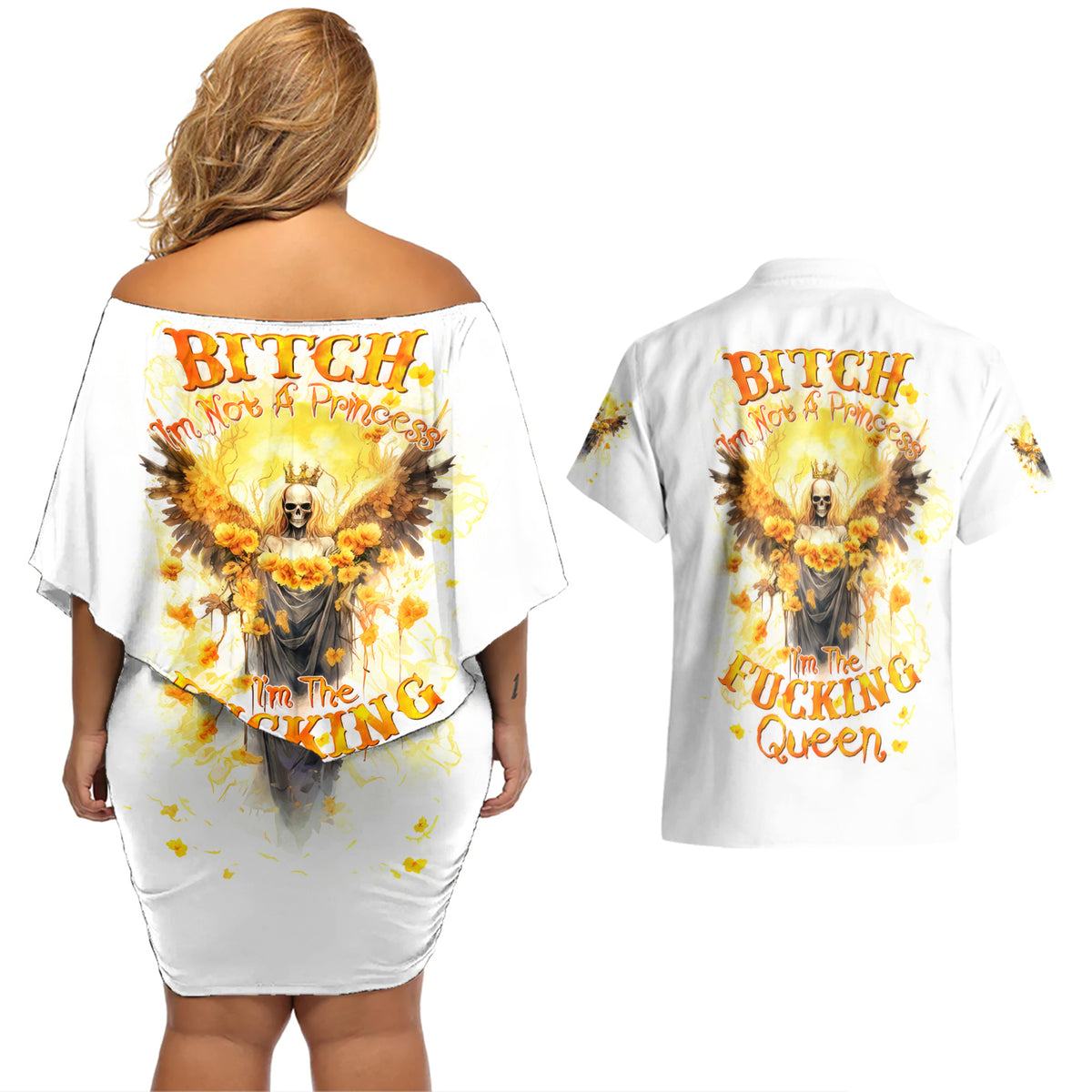 Flower Skull Angel Couples Matching Off Shoulder Short Dress and Hawaiian Shirt Bitch I'm The Fucking Queen - Wonder Print Shop