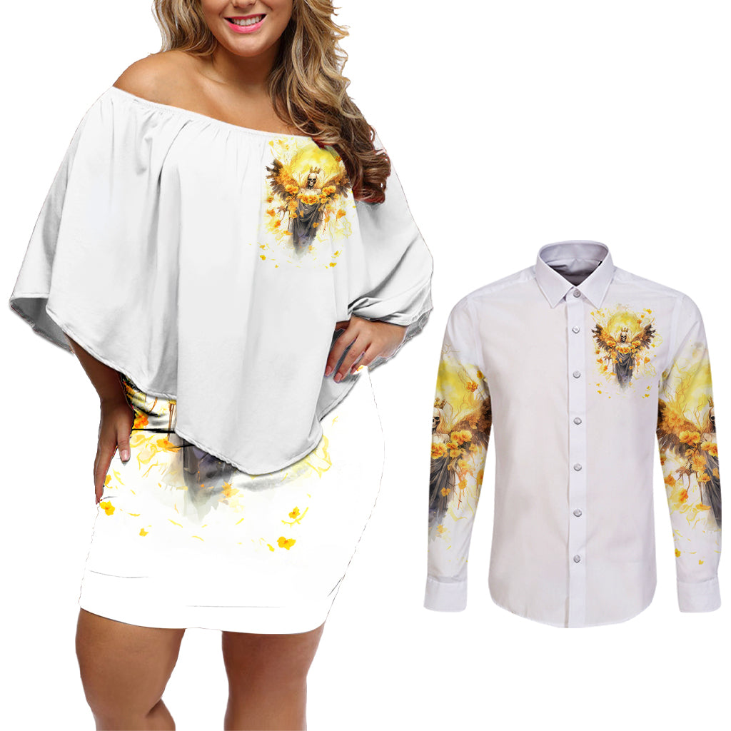 Flower Skull Angel Couples Matching Off Shoulder Short Dress and Long Sleeve Button Shirt Bitch I'm The Fucking Queen - Wonder Print Shop