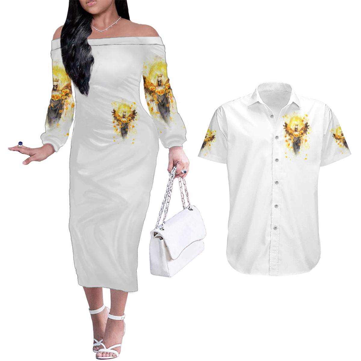 Flower Skull Angel Couples Matching Off The Shoulder Long Sleeve Dress and Hawaiian Shirt Bitch I'm The Fucking Queen - Wonder Print Shop