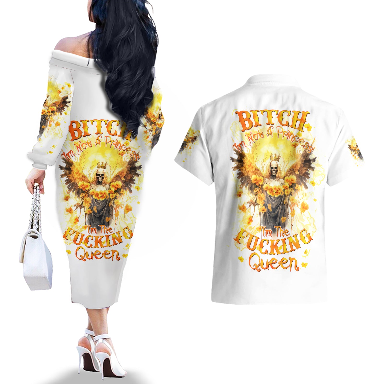 Flower Skull Angel Couples Matching Off The Shoulder Long Sleeve Dress and Hawaiian Shirt Bitch I'm The Fucking Queen - Wonder Print Shop