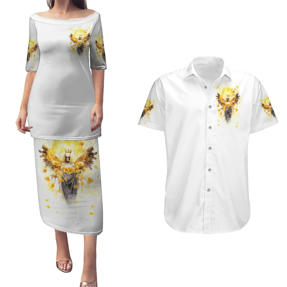 Flower Skull Angel Couples Matching Puletasi and Hawaiian Shirt Bitch I'm The Fucking Queen - Wonder Print Shop