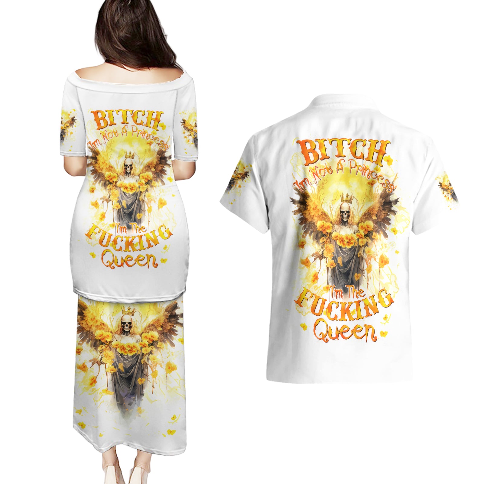Flower Skull Angel Couples Matching Puletasi and Hawaiian Shirt Bitch I'm The Fucking Queen - Wonder Print Shop