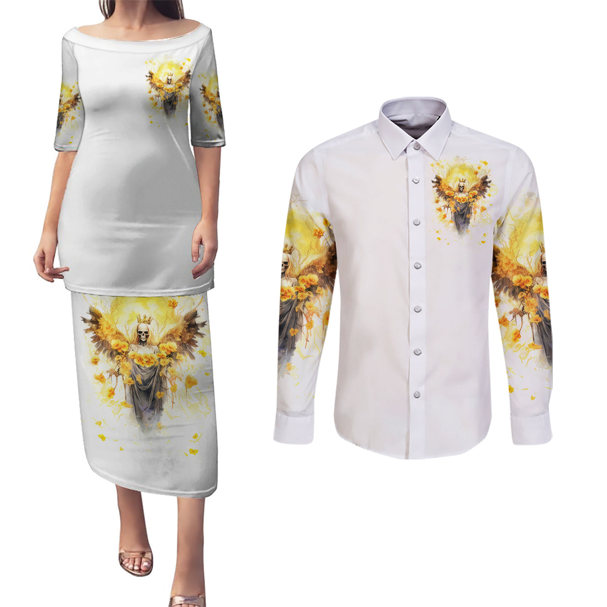 Flower Skull Angel Couples Matching Puletasi and Long Sleeve Button Shirt Bitch I'm The Fucking Queen - Wonder Print Shop