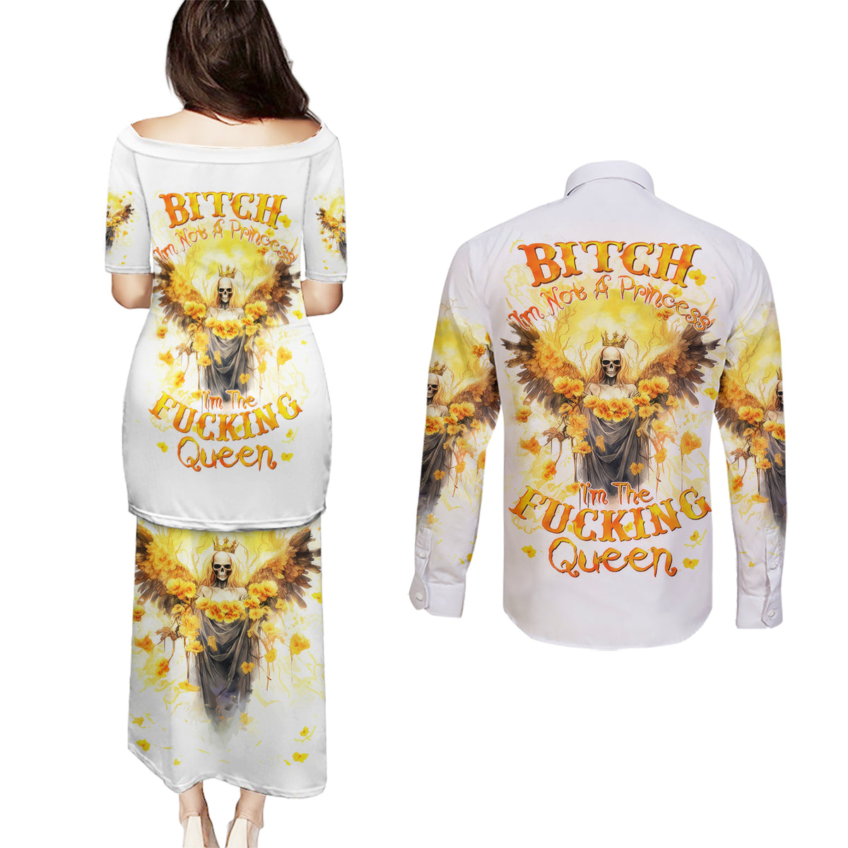 Flower Skull Angel Couples Matching Puletasi and Long Sleeve Button Shirt Bitch I'm The Fucking Queen - Wonder Print Shop