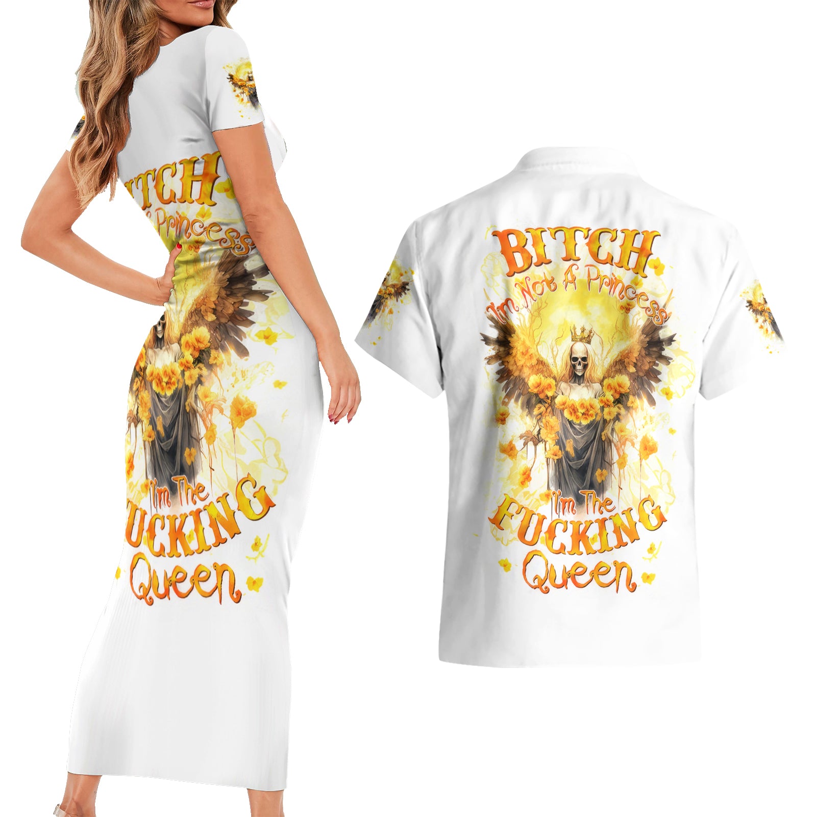 Flower Skull Angel Couples Matching Short Sleeve Bodycon Dress and Hawaiian Shirt Bitch I'm The Fucking Queen - Wonder Print Shop